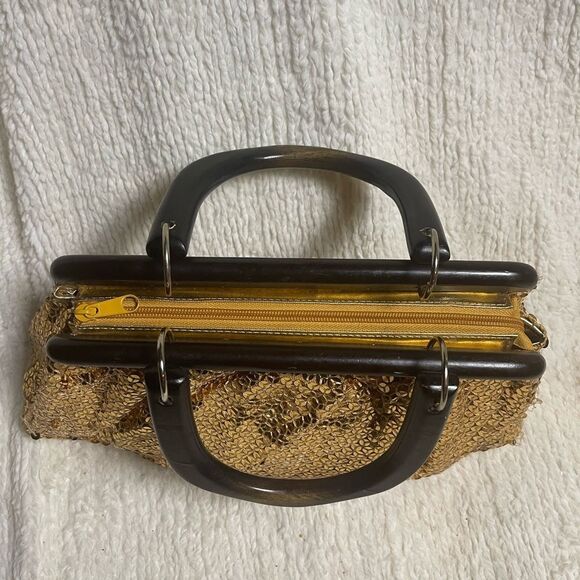 Gold Sequins with wooden black handles and frame handbag. - Picture 9 of 12